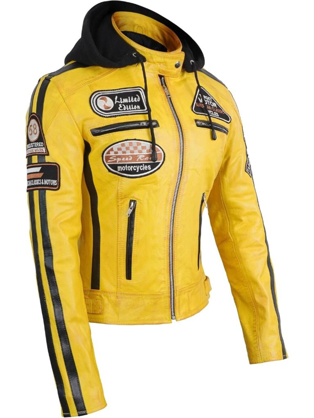Women’s Yellow Vintage Moto Biker Jacket Removable Hood Retro Patch Leather Coat